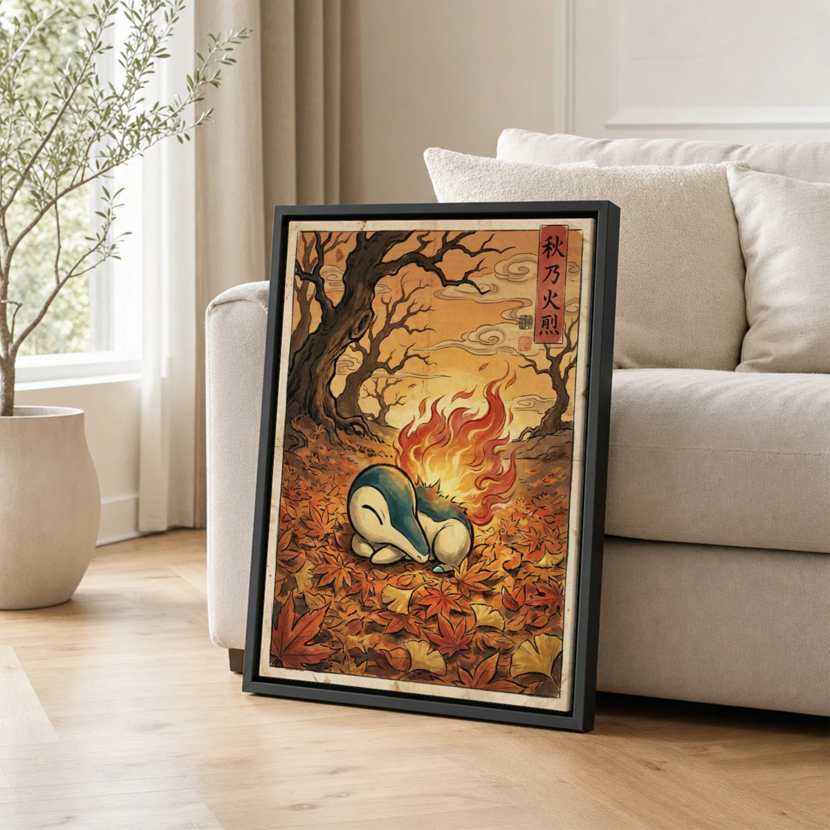 Cyndaquil Sleeping Pokemon poster leaning beside a sofa - living room wall art