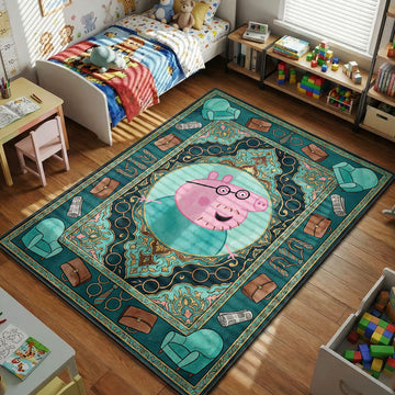 Daddy Pig office theme blue kids bedroom area rug