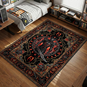 Daedric warrior wearing heavy armor surrounded by glowing red runes and oblivion symbols gaming area rug and floor mat
