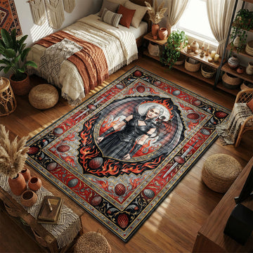 Daenerys Targaryen surrounded by dragon eggs and flames in an ornate fantasy illustration style movie themed area rug and home theater mat