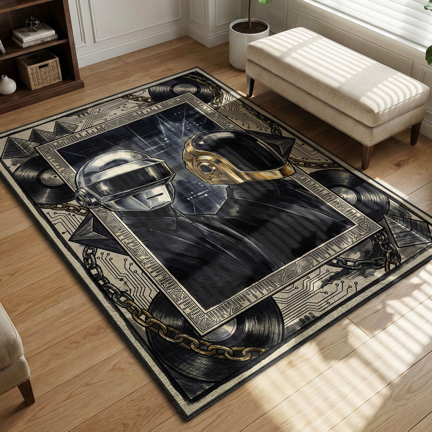 Daft Punk gold and silver helmets surrounded by vinyl records and circuit boards illustration gaming area rug and floor mat