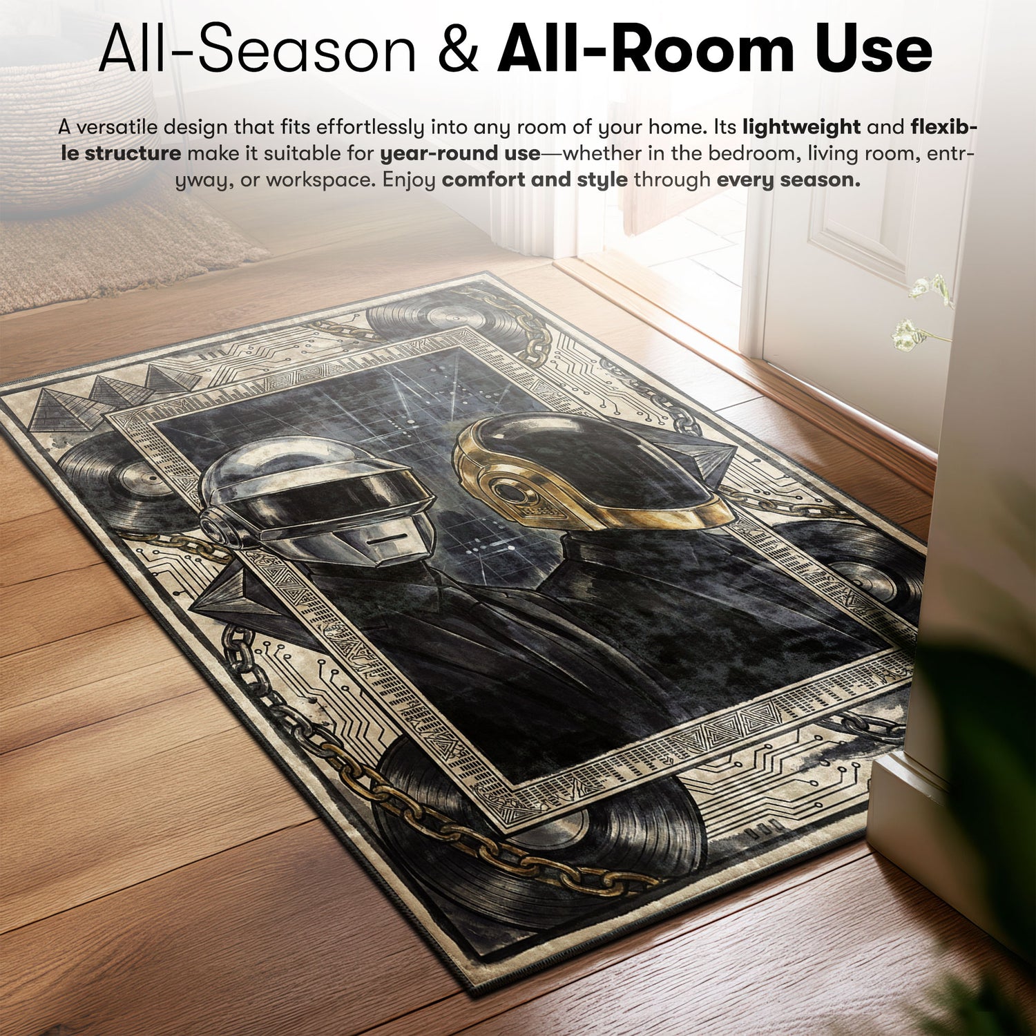 Daft area rug showing full home decor artwork