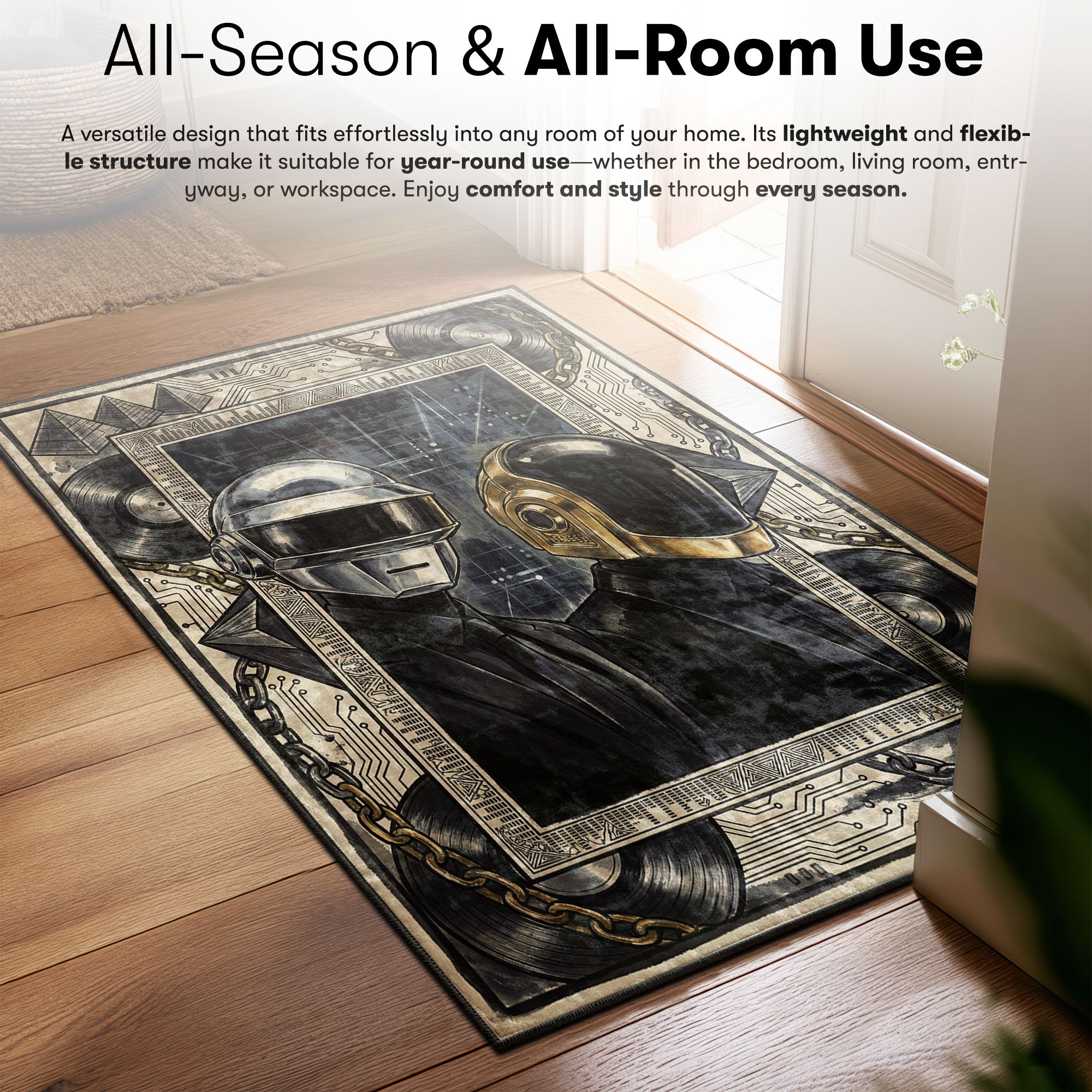 Daft area rug showing full home decor artwork