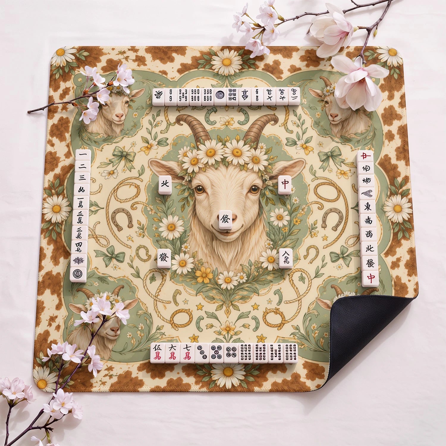 Daisy Goat design close-up on mahjong mat surface