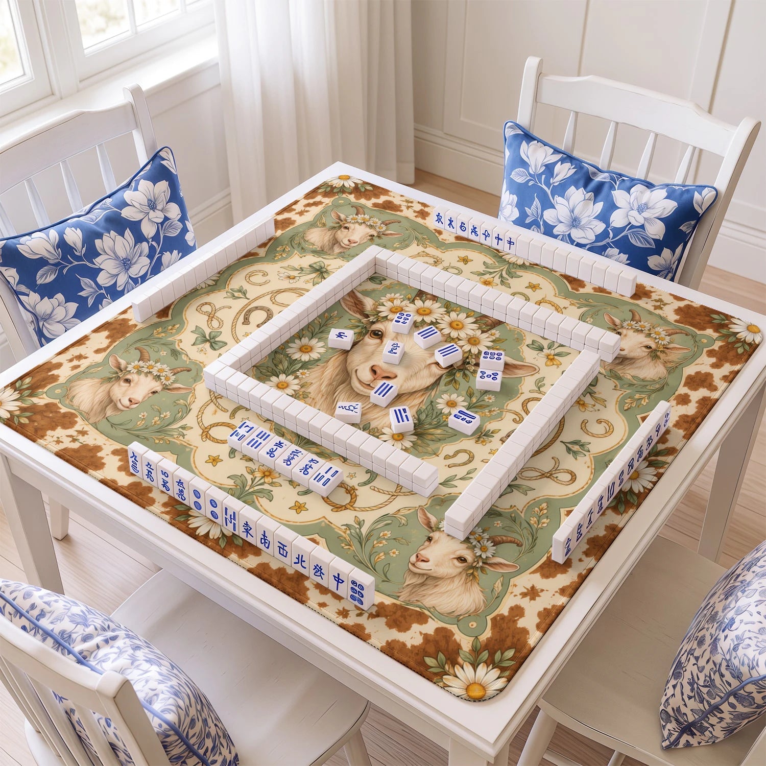 Daisy Goat mahjong mat with tiles and racks on the table