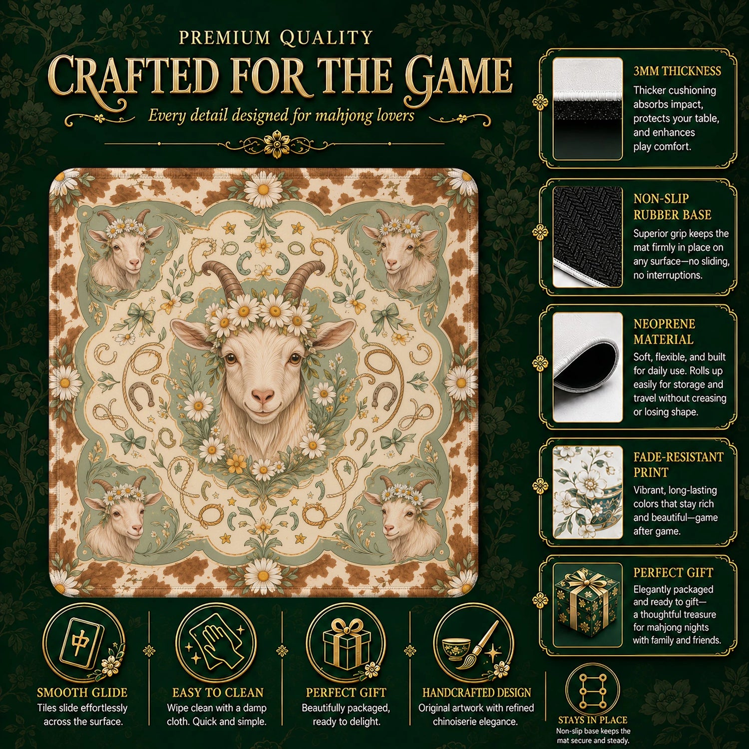 Daisy Goat Mahjong Mat – neoprene mah jongg table mat