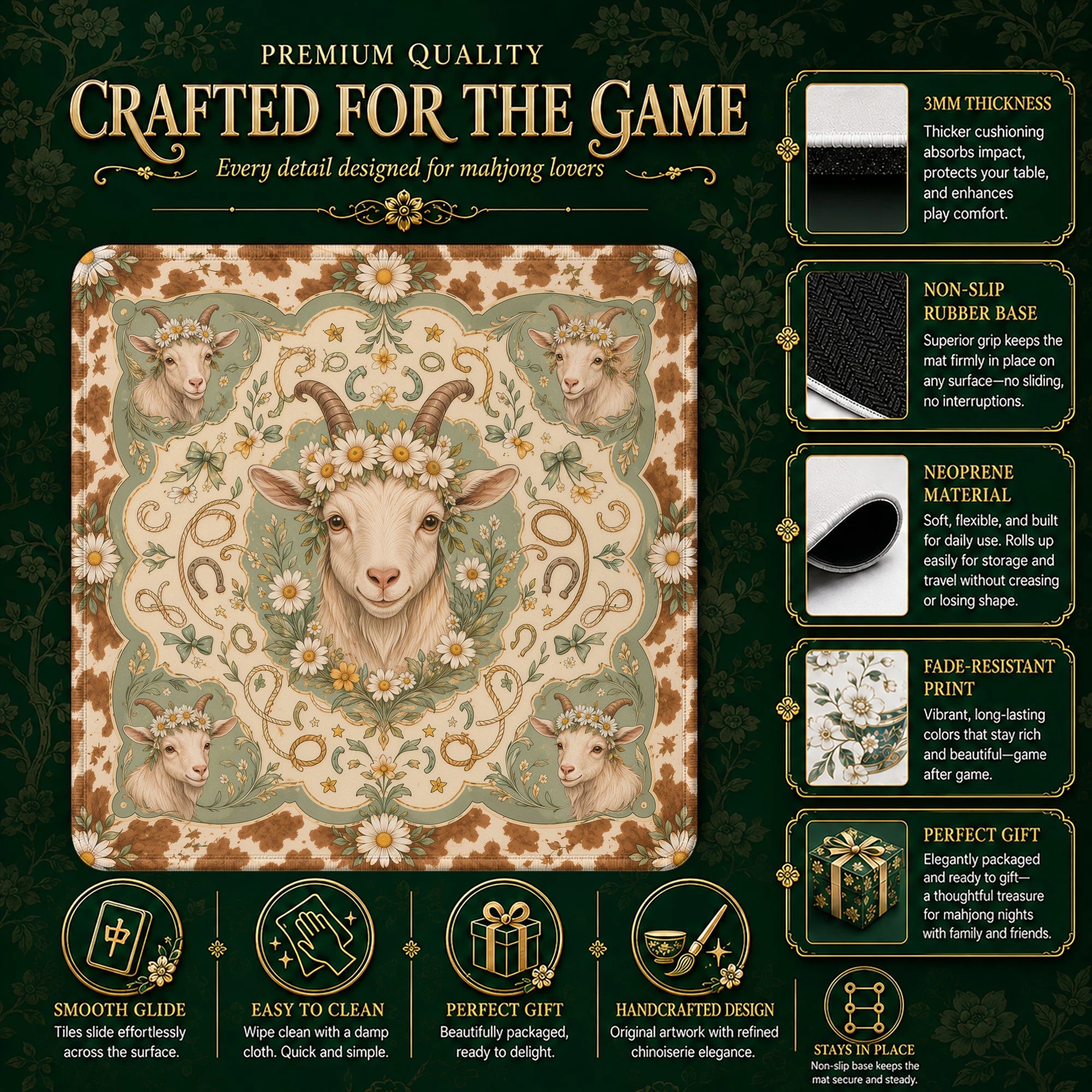 Daisy Goat Mahjong Mat – neoprene mah jongg table mat