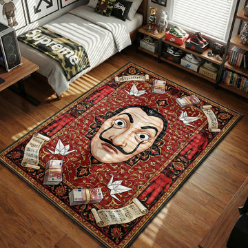 Salvador Dali mask surrounded by red jumpsuits Euro stacks origami cranes and sheet music ornate resistance art style movie themed area rug and home theater mat
