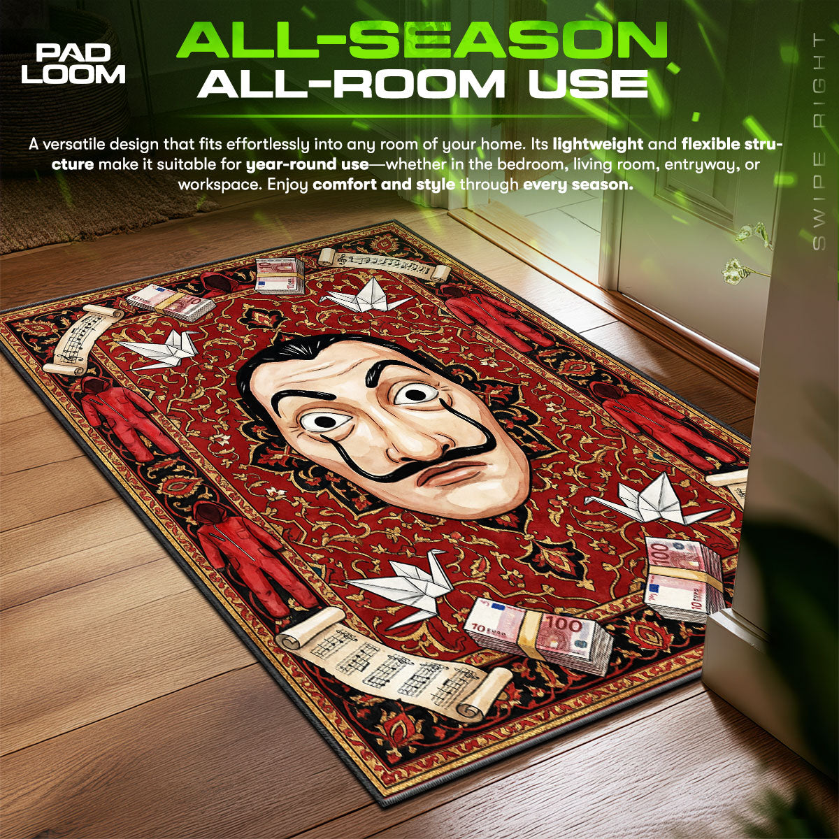 Dali Mask Resistance Money Heist Room fan rug — premium quality print