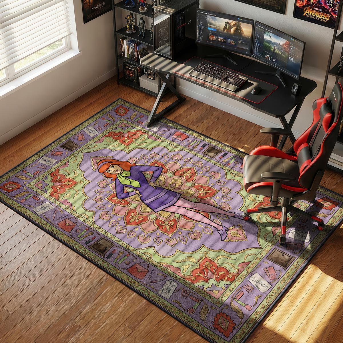 Daphne character rug placed in a bright bedroom beside a white vanity with pastel decor
