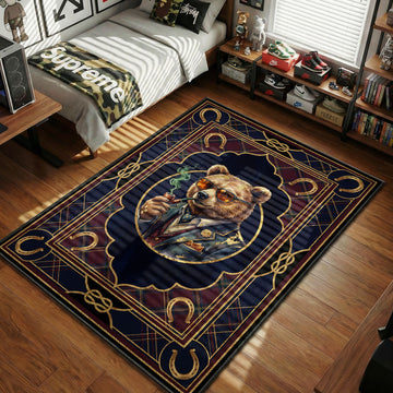 Dapper brown bear in suit smoking pipe with horseshoes and ropes hypebeast area rug