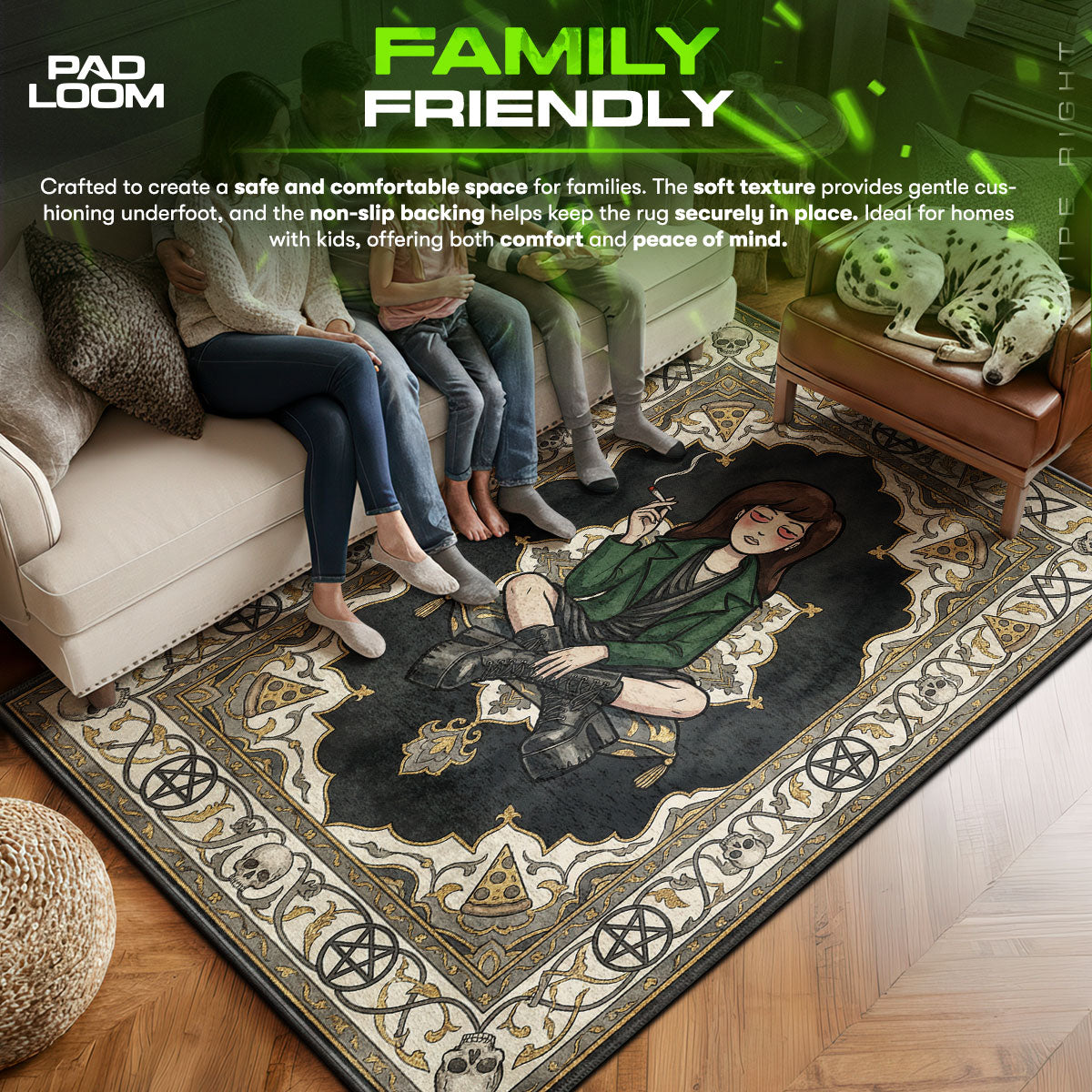 Daria area rug showing full home decor artwork