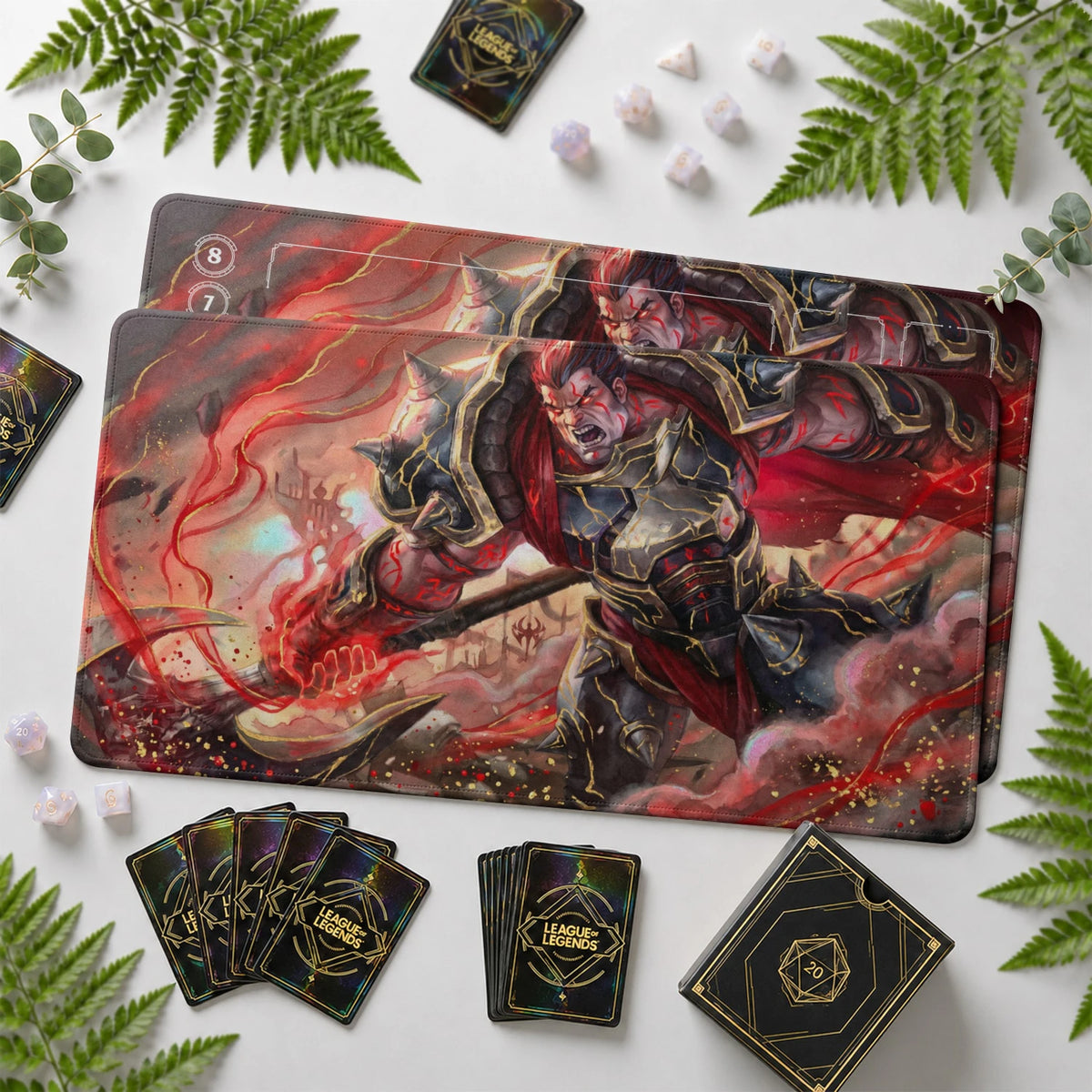 Darius Crimson Riftbound TCG playmat with card zones and score track – LoL game mat