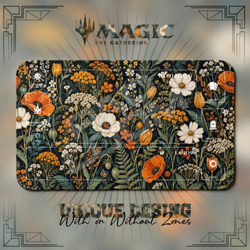 Dark Floral Poppy MTG playmat, brown and yellow art with play zones, 24 x 14 in