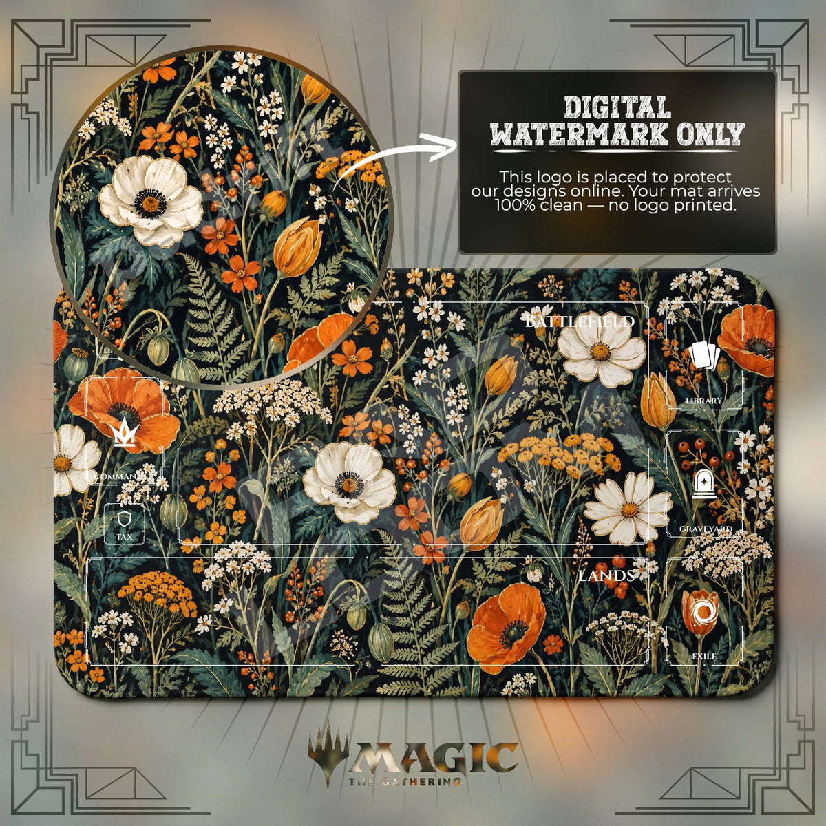 Dark Floral Poppy MTG playmat with zones; the Padloom watermark is digital only, not printed