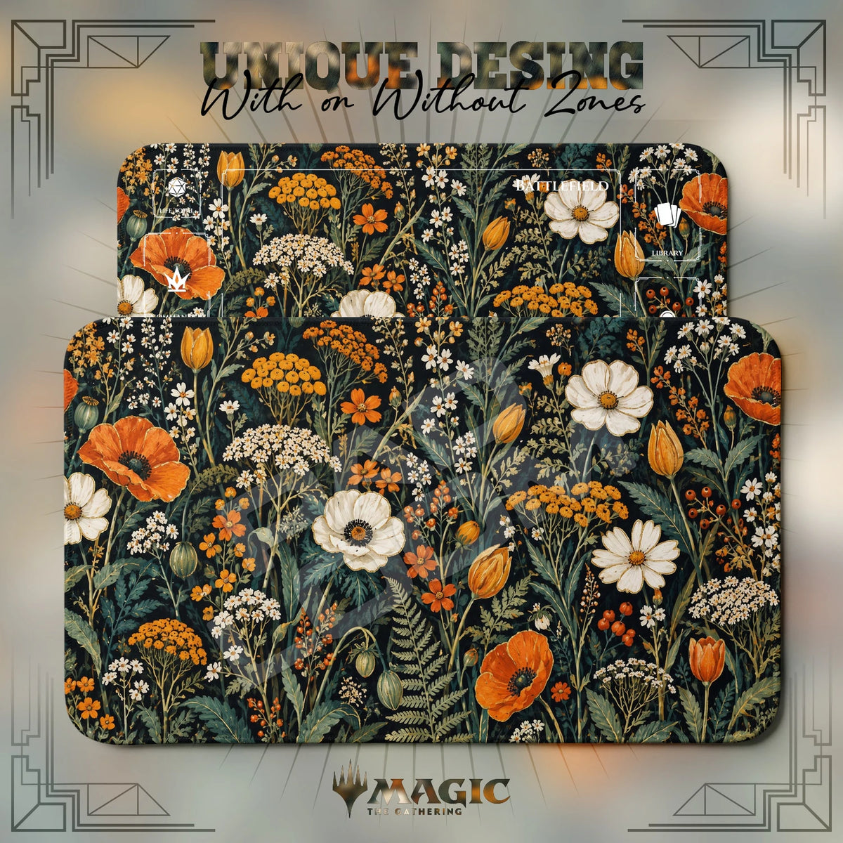 Dark Floral Poppy MTG playmat shown with zones and without zones