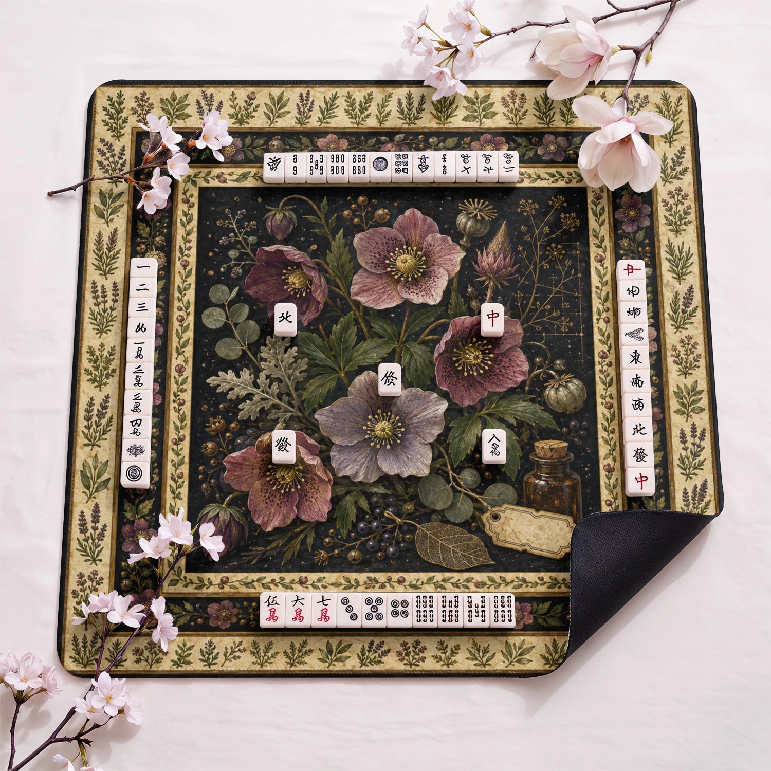 Dark Hellebore design close-up on mahjong mat surface