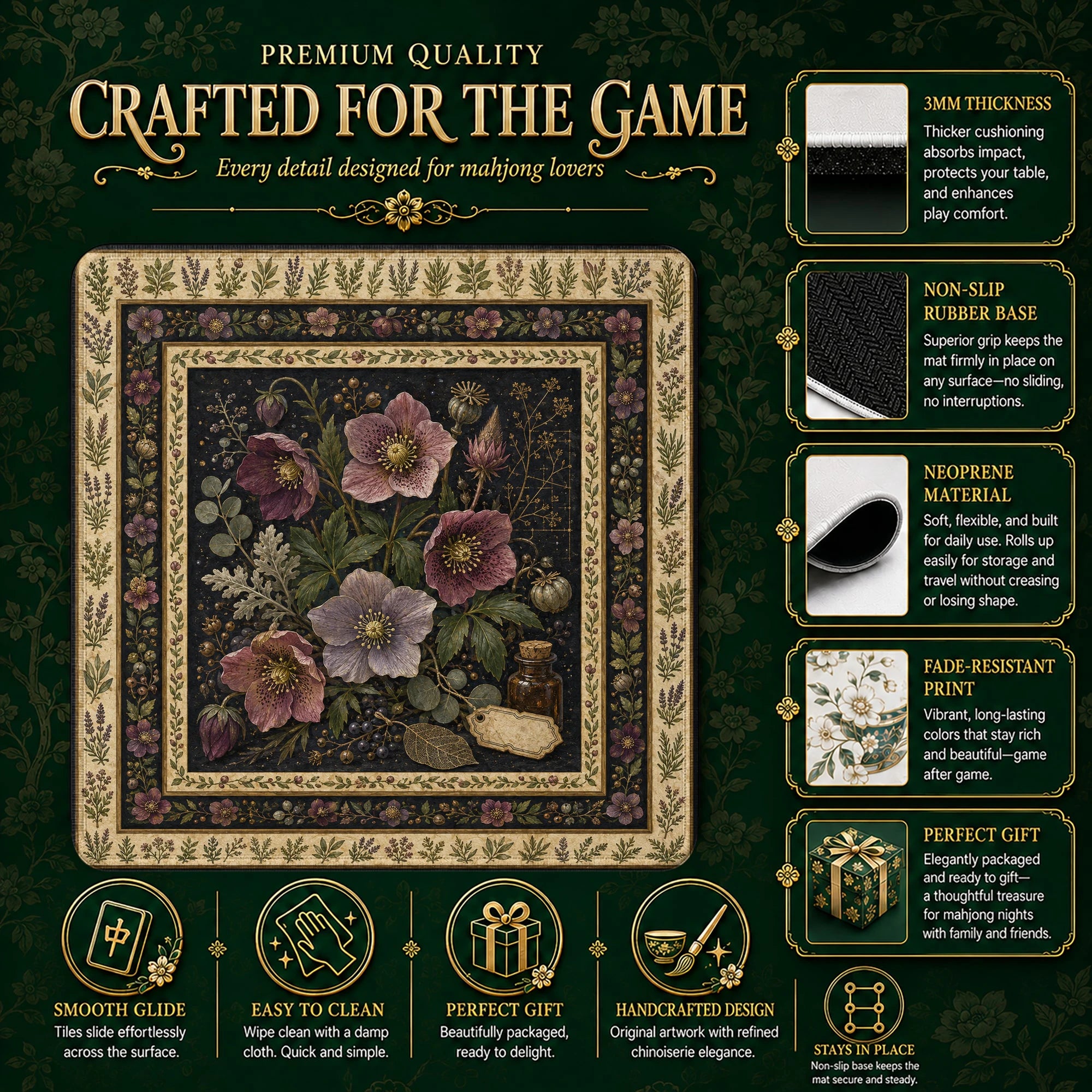 Dark Hellebore Mahjong Mat – neoprene mah jongg table mat