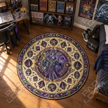 Dark Magician Casting Yu-Gi-Oh round rug on a bedroom floor - Yu-Gi-Oh chair mat