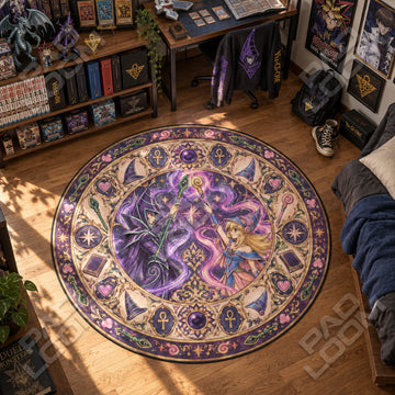 Dark Magician Duo Yu-Gi-Oh round rug on a bedroom floor - Yu-Gi-Oh chair mat