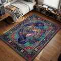 Dark Magician Girl floating with staff amidst cosmic stars and scrolls in fantasy art style area rug and floor mat