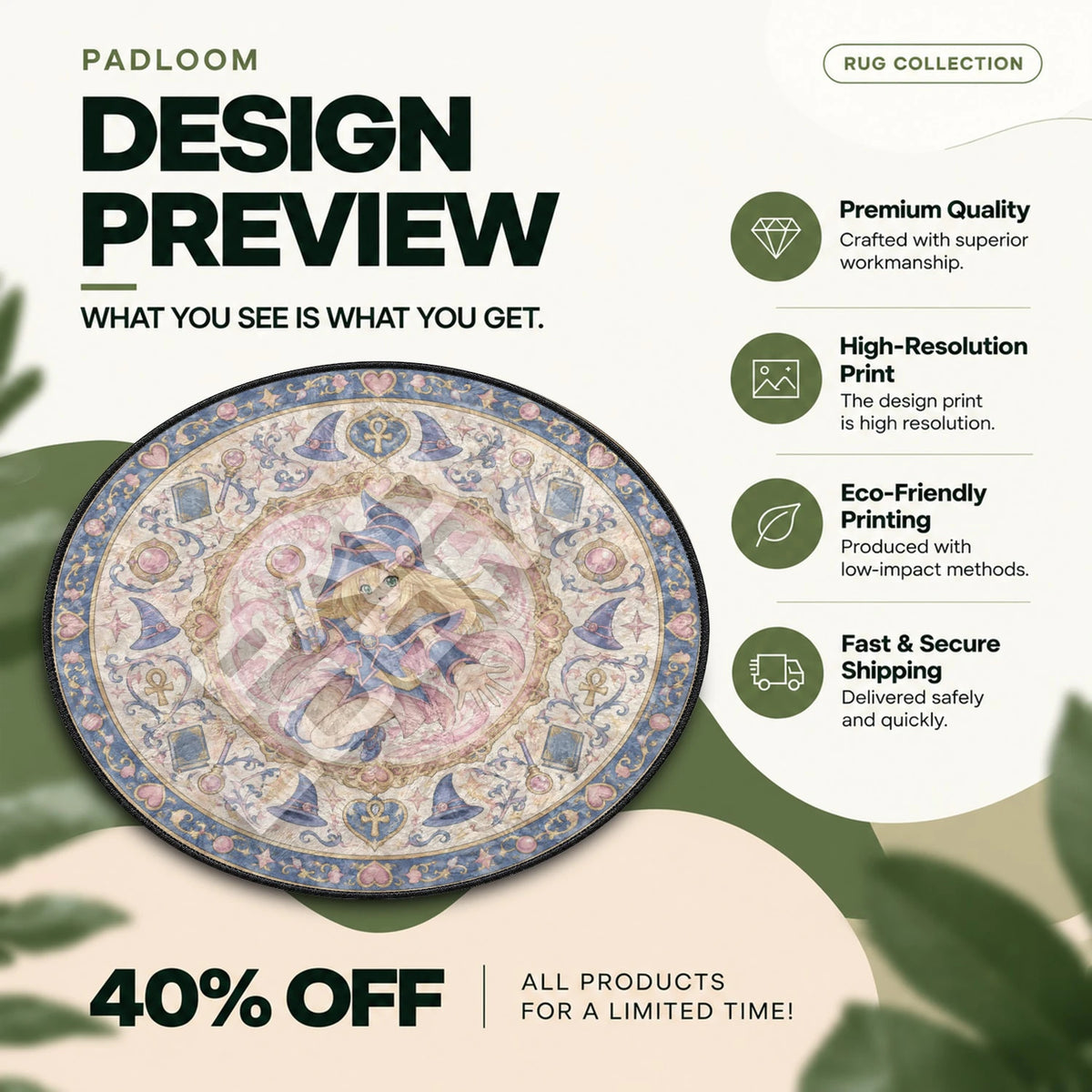 Dark Magician Girl Leaping Yu-Gi-Oh round rug full design preview