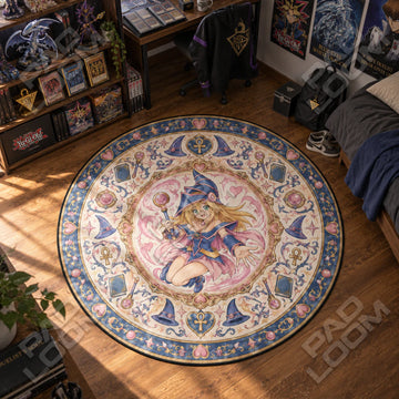 Dark Magician Girl Leaping Yu-Gi-Oh round rug on a bedroom floor - Yu-Gi-Oh chair mat