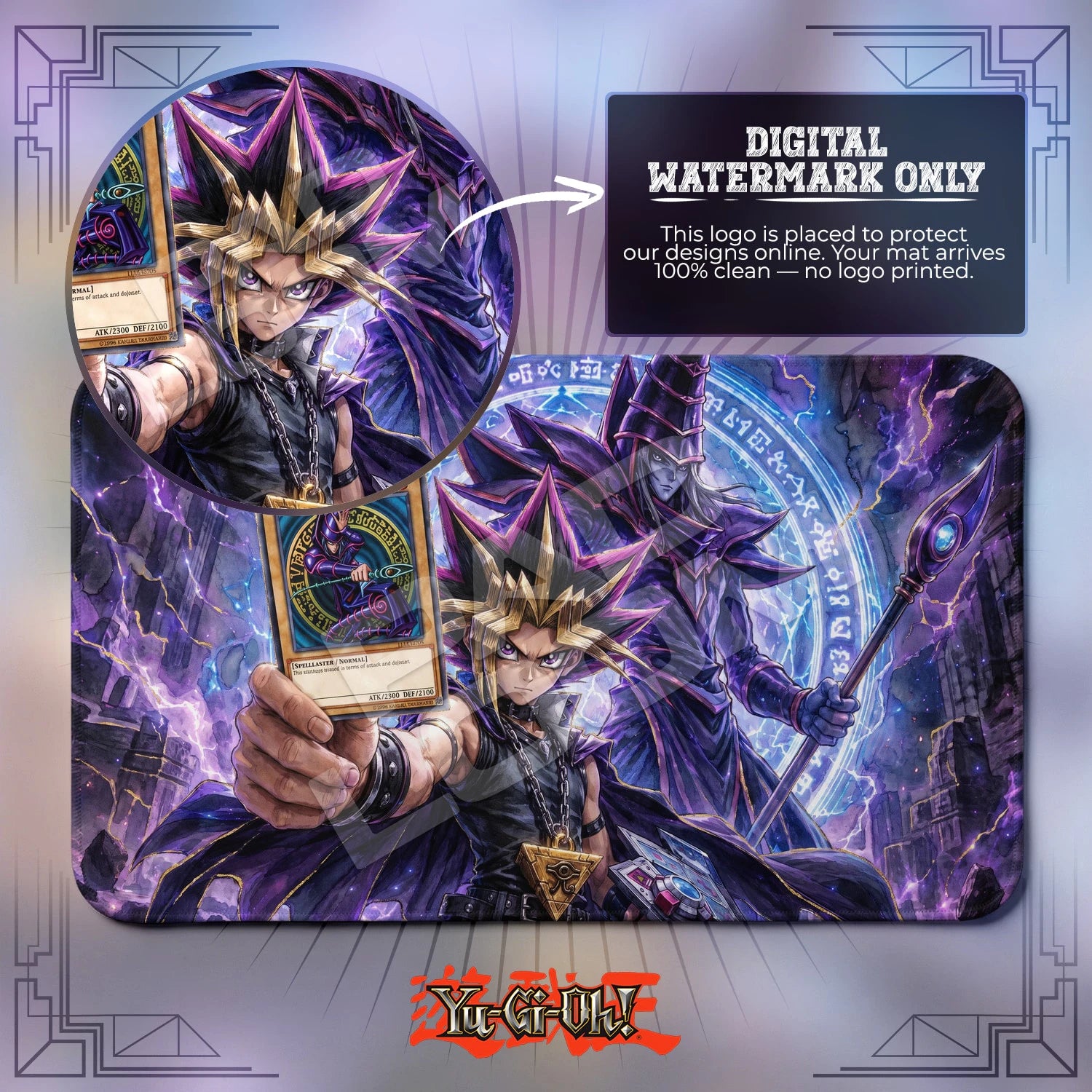 Dark Magician Millennium artwork close-up on Yugioh playmat