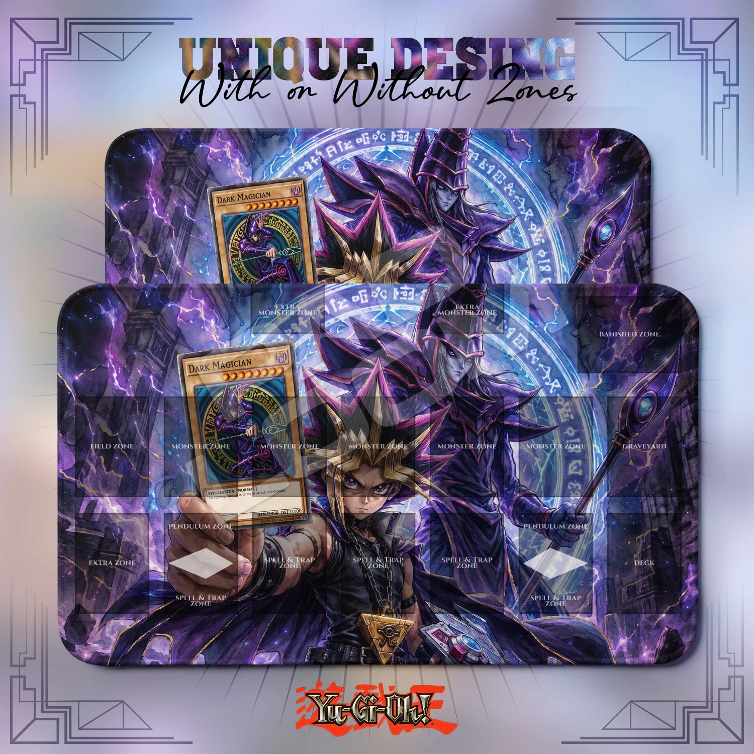 Dark Magician Millennium Playmat – With Zones and Without Zones layouts compared