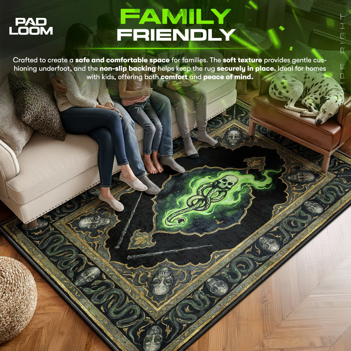 Dark area rug showing full Gothic artwork