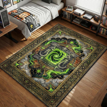 Stone gateway portal with swirling green fel energy and snake warrior statues gaming area rug and floor mat