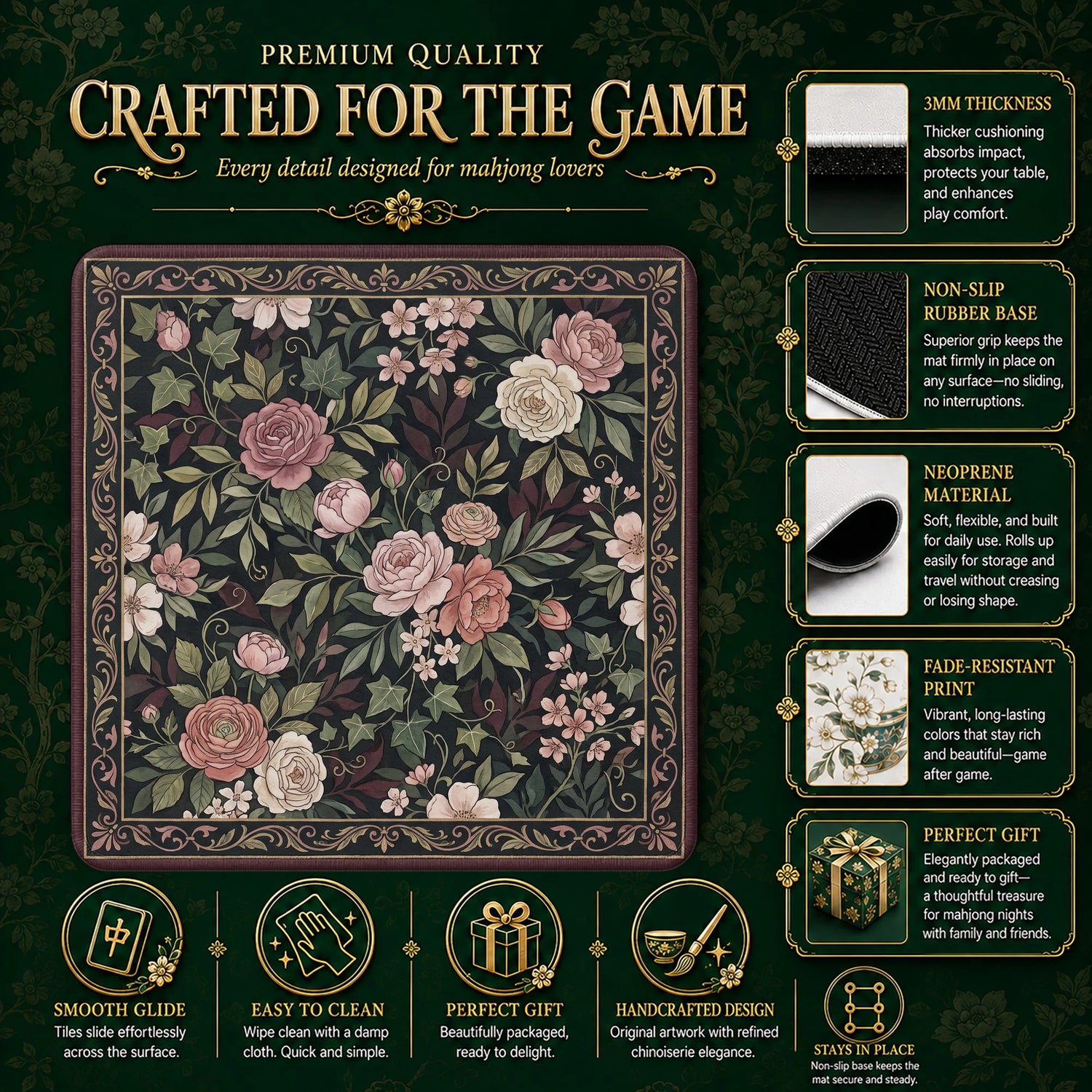 Dark Rose Garden Mahjong Mat - Mah Jongg Mat