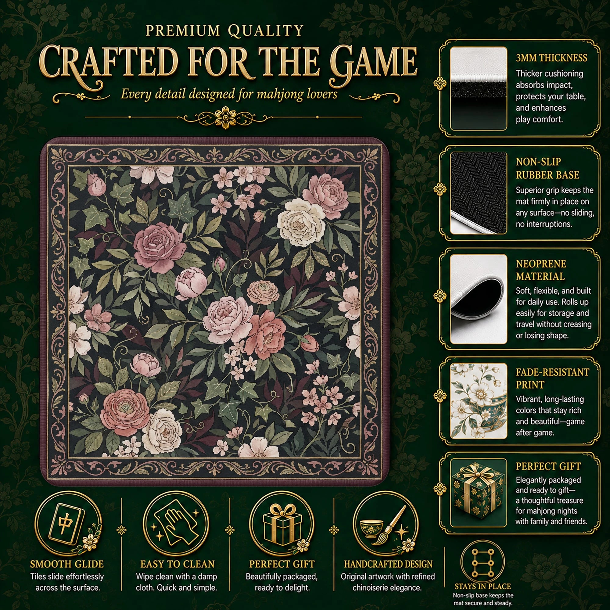 Dark Rose Garden Mahjong Mat - Mah Jongg Mat