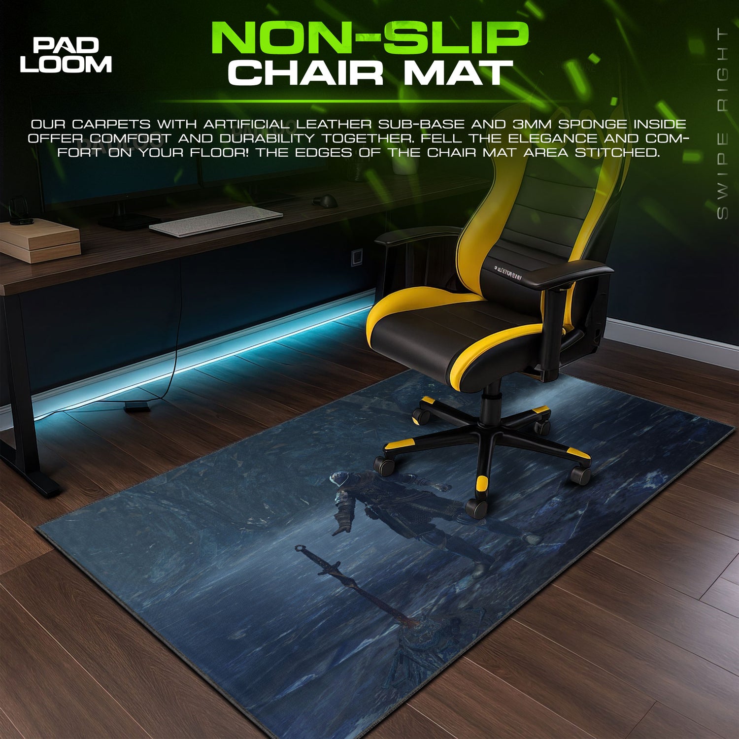 Dark desk mat showing full gaming artwork