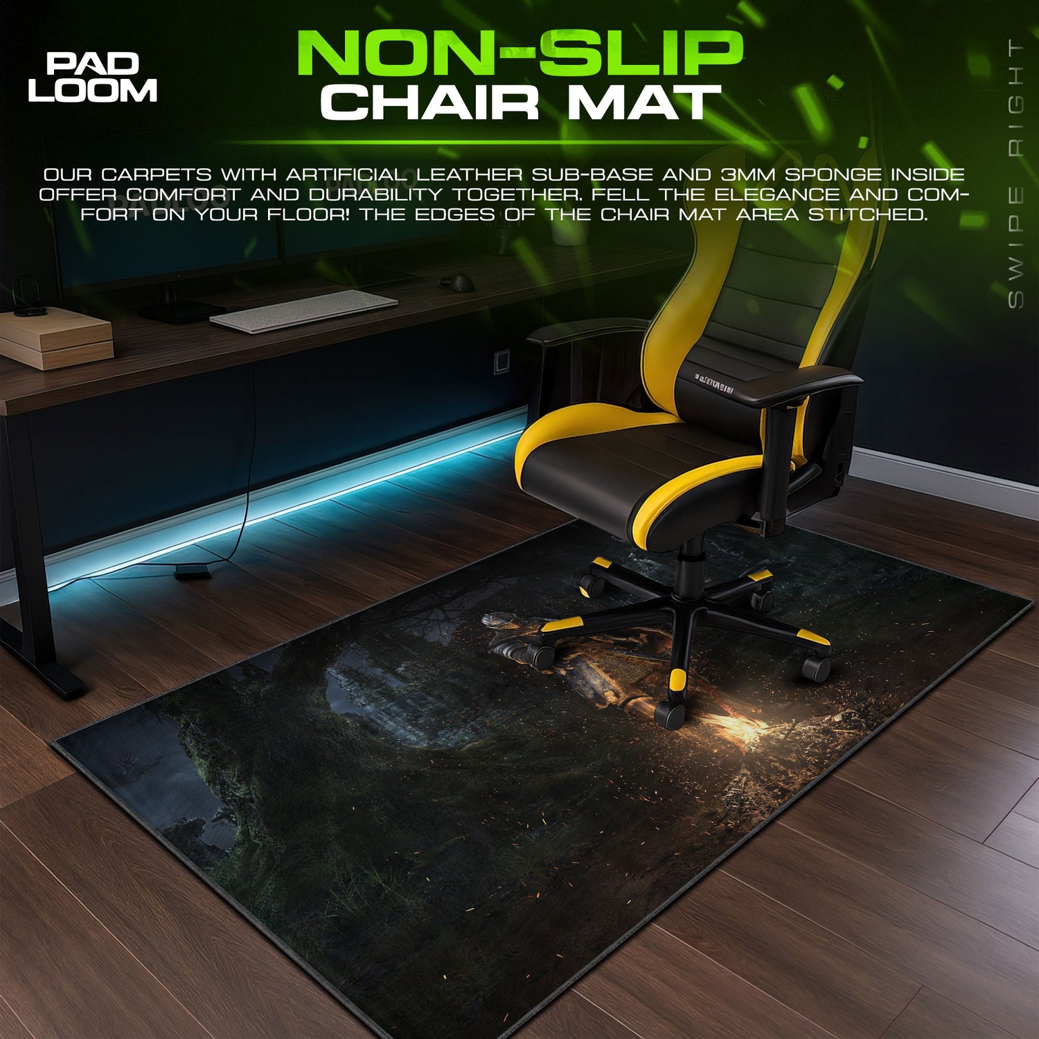 Dark desk mat showing full gaming artwork