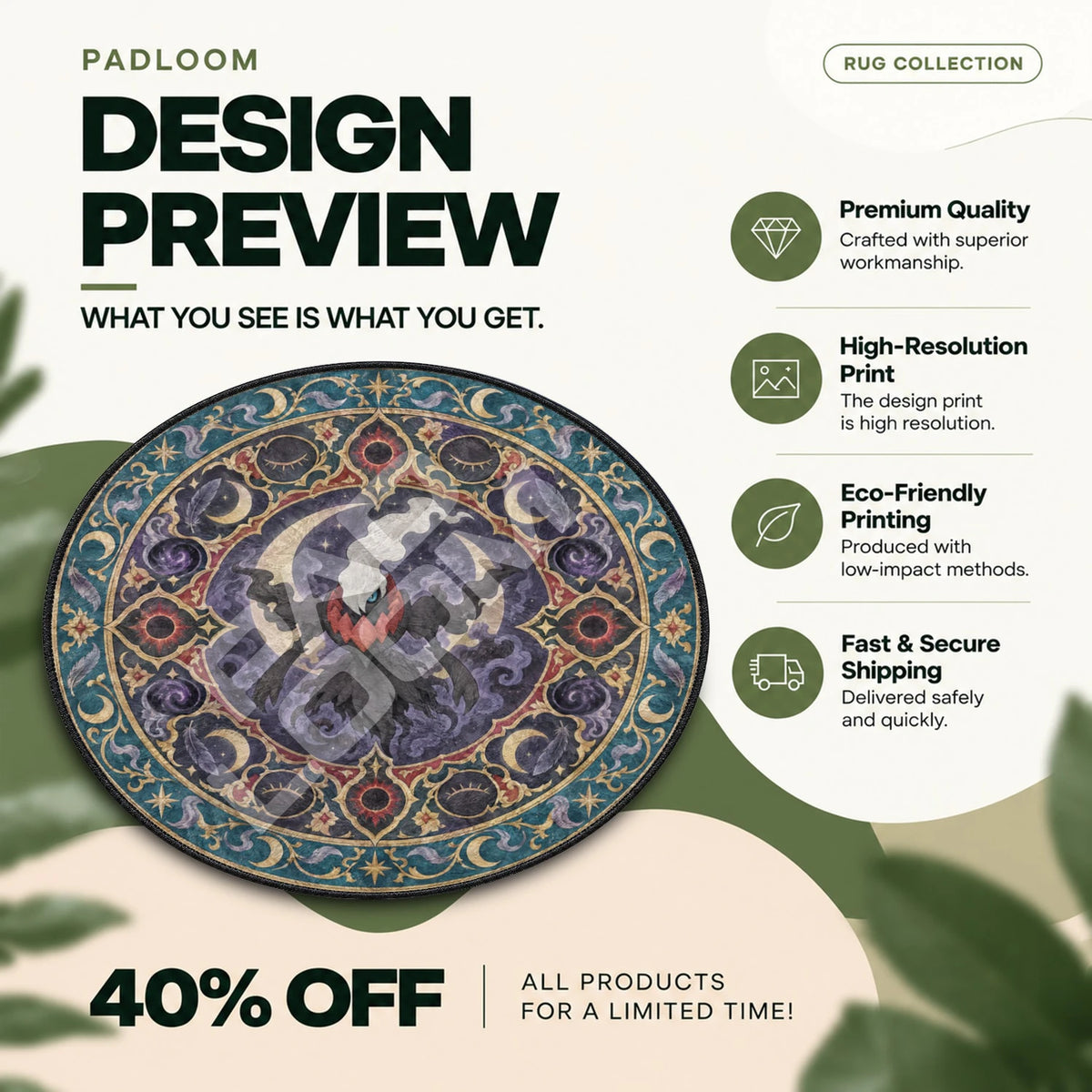 Darkrai Moonlit Pokemon round rug full design preview