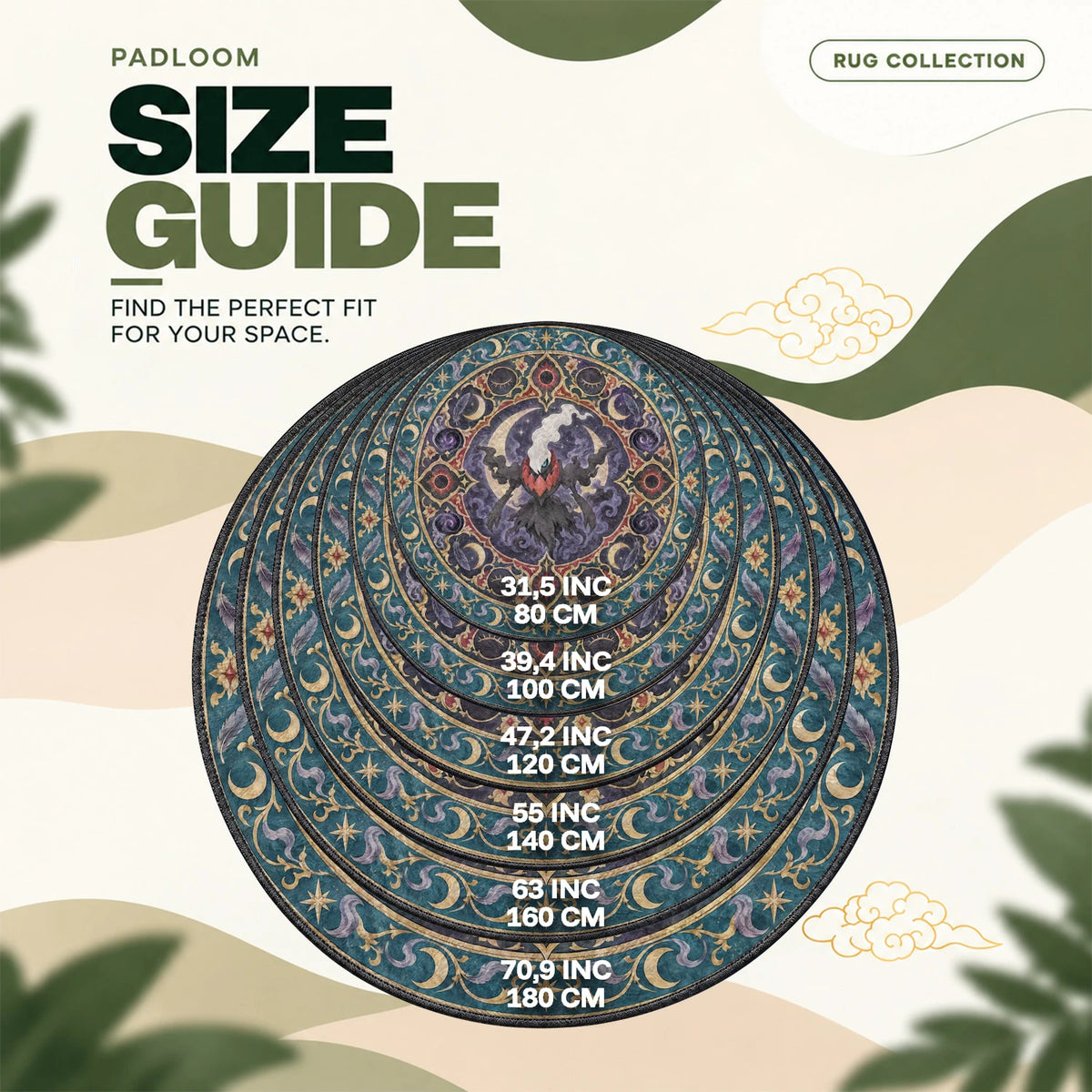Darkrai Moonlit round rug size guide, 80 to 180 cm (31.5 to 70.9 in)