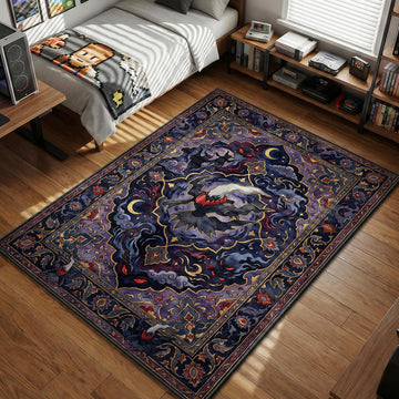 Darkrai floating amidst swirling shadows and crescent moons with glowing red eyes in a dark purple traditional pattern area rug and floor mat