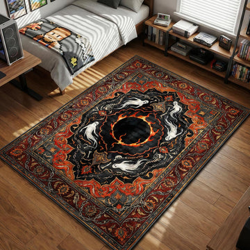 Darksign eclipse symbol surrounded by white humanity ghosts and chains gothic fantasy style gaming area rug and floor mat