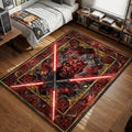 Darth Maul with crossed double-bladed red lightsaber ornate gothic watercolor art style movie themed area rug and home theater mat