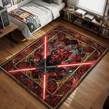 Darth Maul with crossed double-bladed red lightsaber ornate gothic watercolor art style movie themed area rug and home theater mat