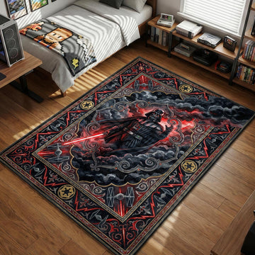 Darth Vader wielding his red lightsaber in a gothic Imperial border movie themed area rug and home theater mat