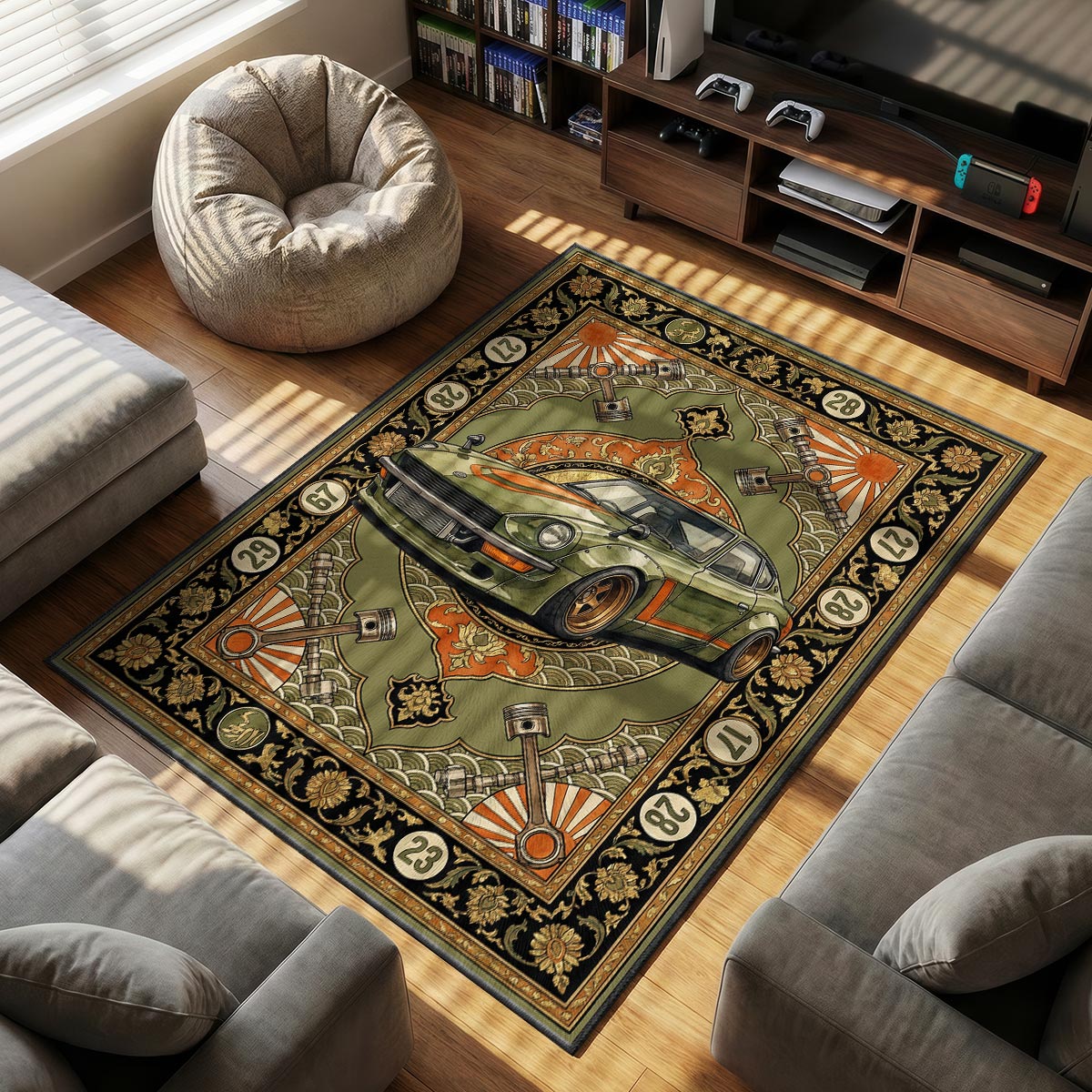 Datsun 240Z themed area rug for home decor fans