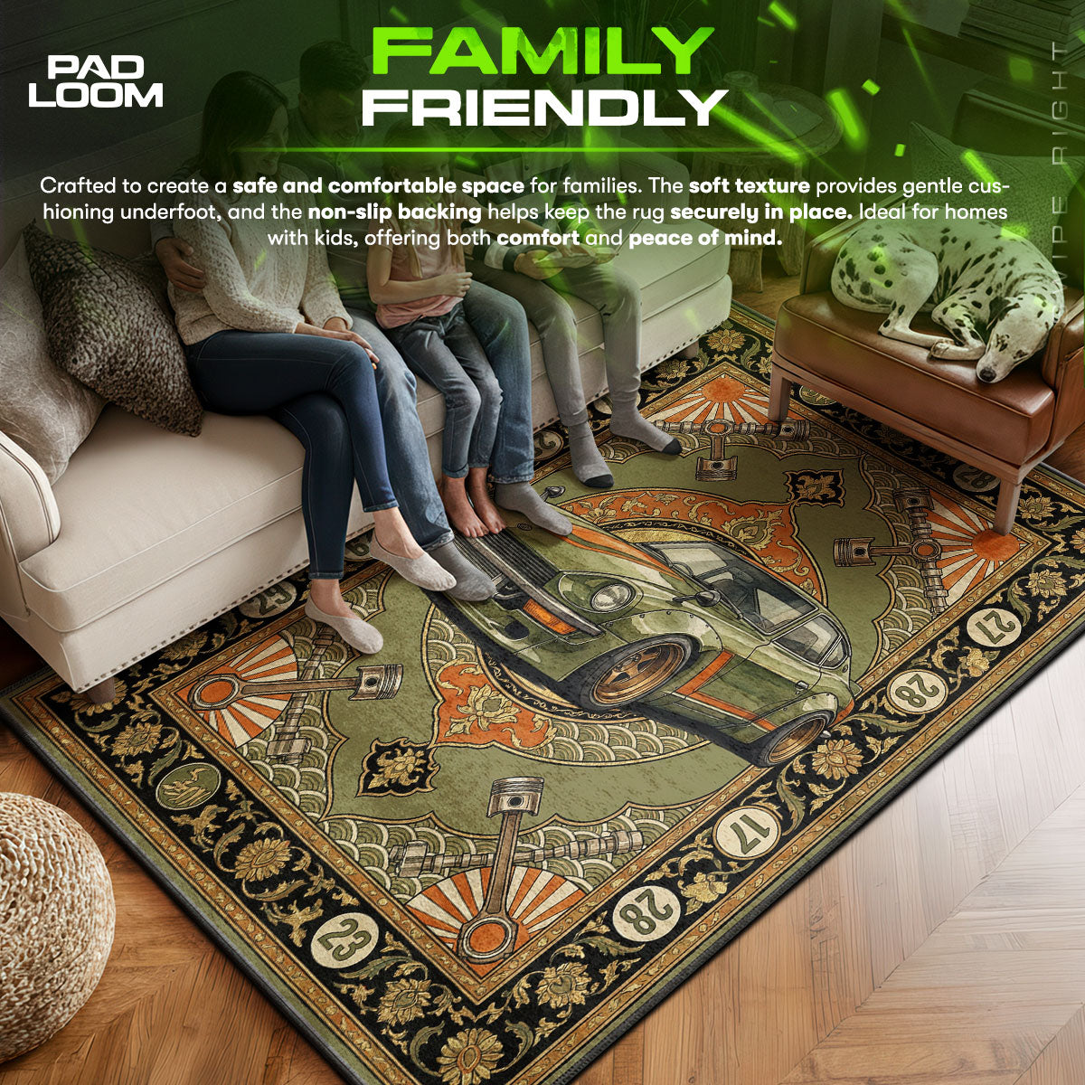 Datsun area rug showing full home decor artwork