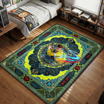 David Martinez using Sandevistan speed with yellow jacket and blue circuitry tarot card style gaming area rug and floor mat