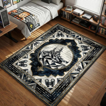 Battleship in geometric black and white dazzle camouflage with binoculars and morse code border gaming area rug and floor mat