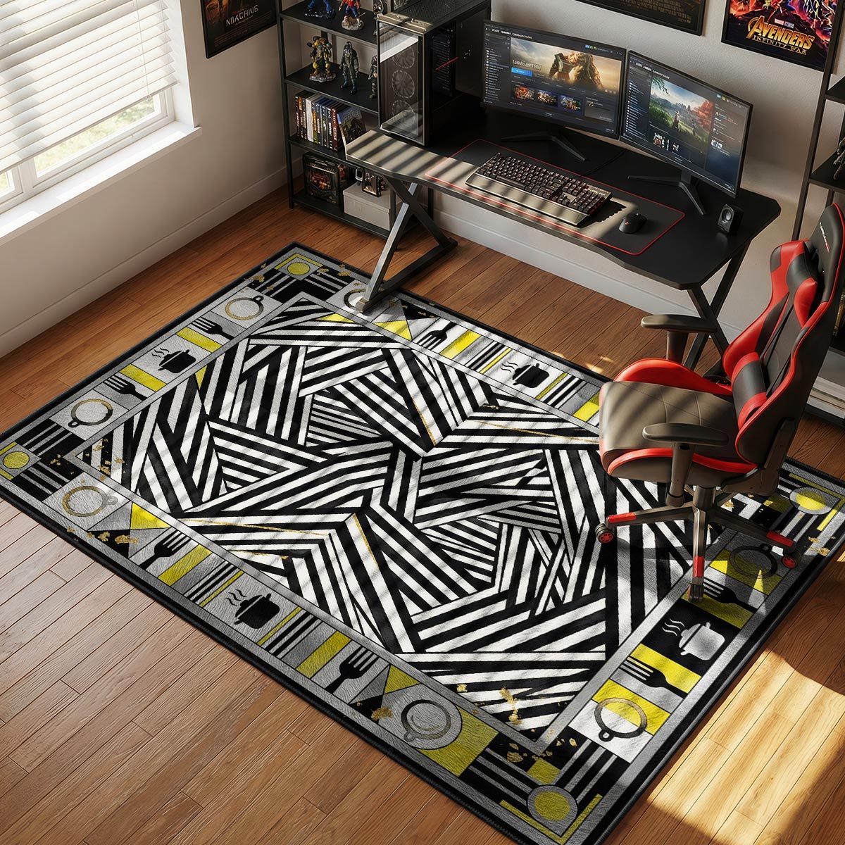 Dazzle stripe kitchen rug on concrete floor in a modern monochrome kitchen with yellow accents