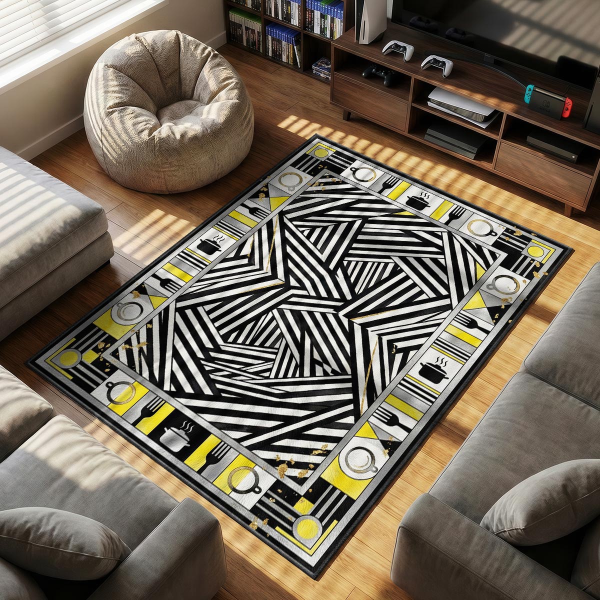 Close-up of dazzle stripe mat showing sharp geometric line intersection and gold leaf detail