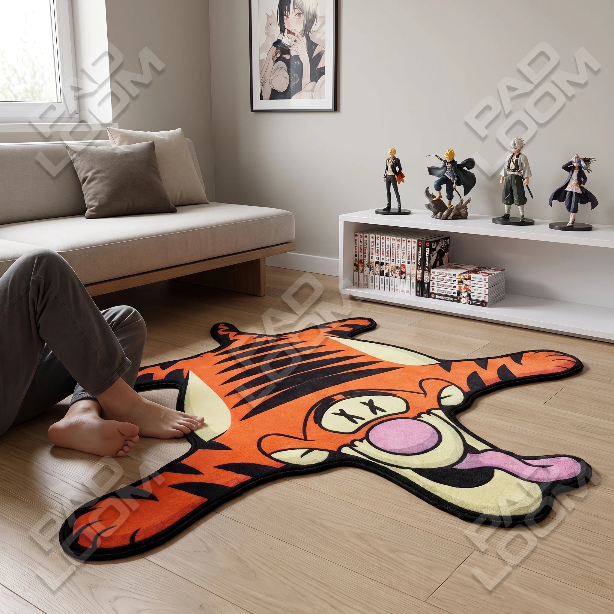 Dead Tigger shaped rug shown in a room setting