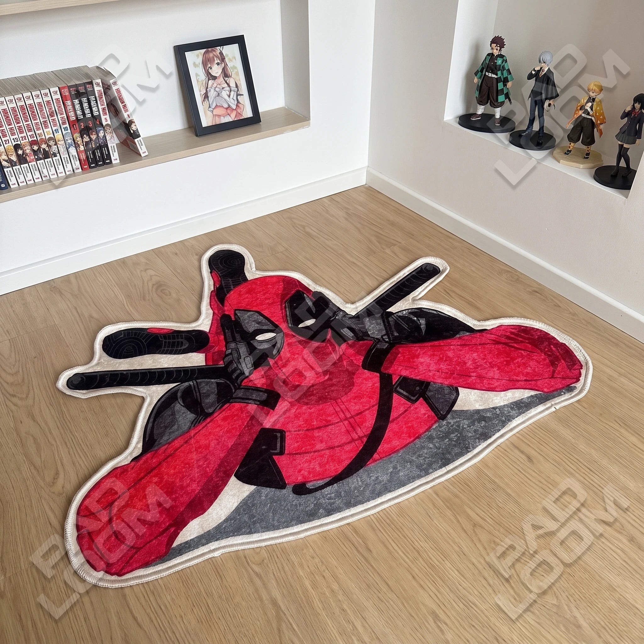 Deadpool shaped rug shown in a room setting